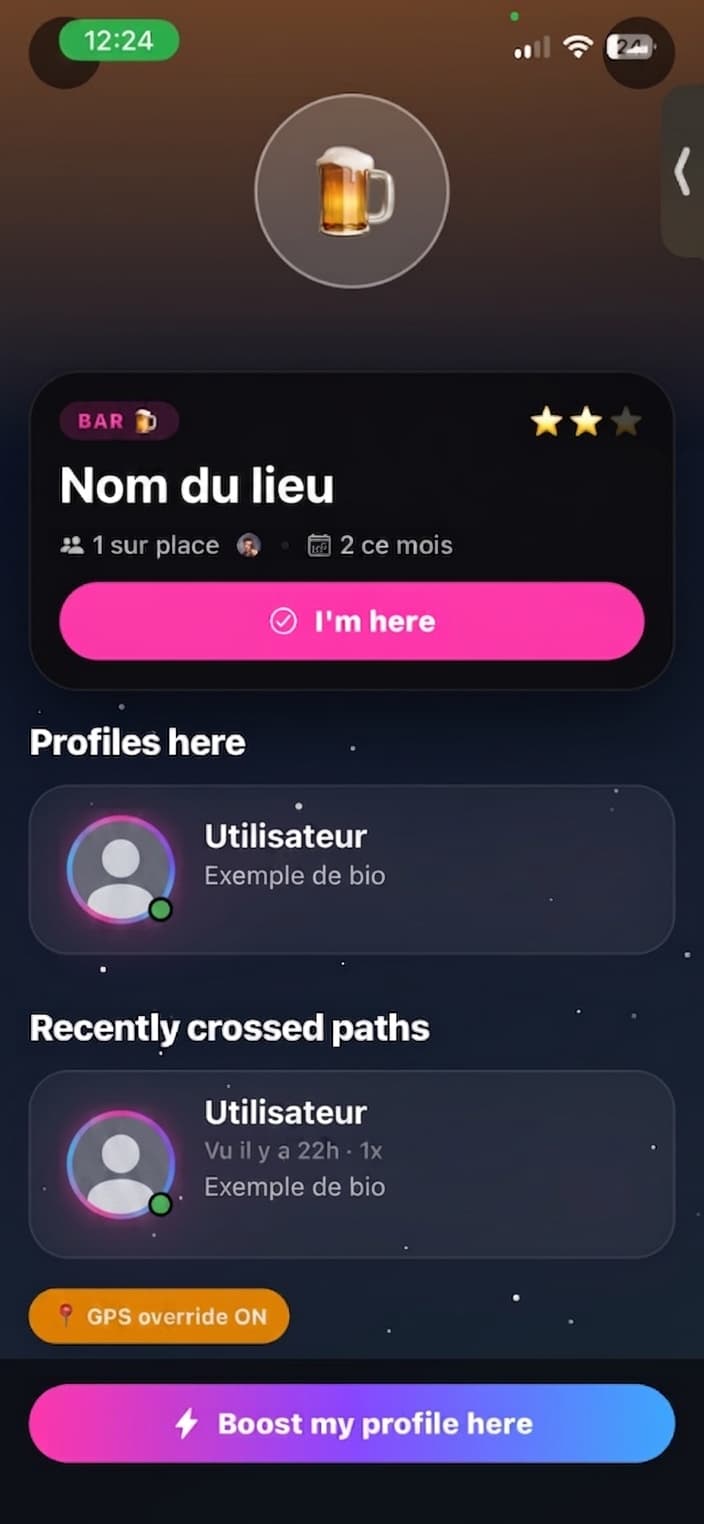 Fiche d'un lieu dans l'app LoocateMe avec le bouton de check-in, les profils sur place et les personnes croisées récemment