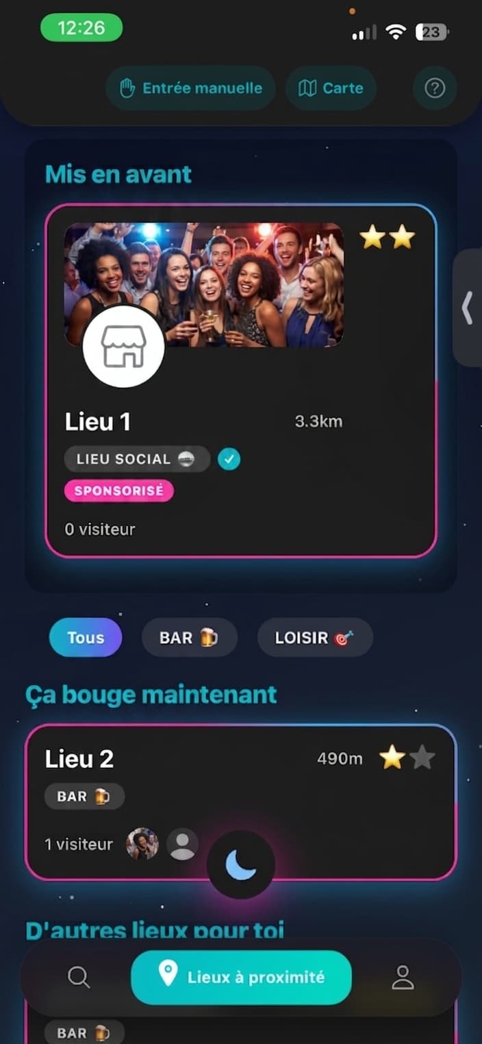 Écran d'accueil de l'app LoocateMe listant les lieux à proximité, avec un lieu mis en avant et des filtres par catégorie