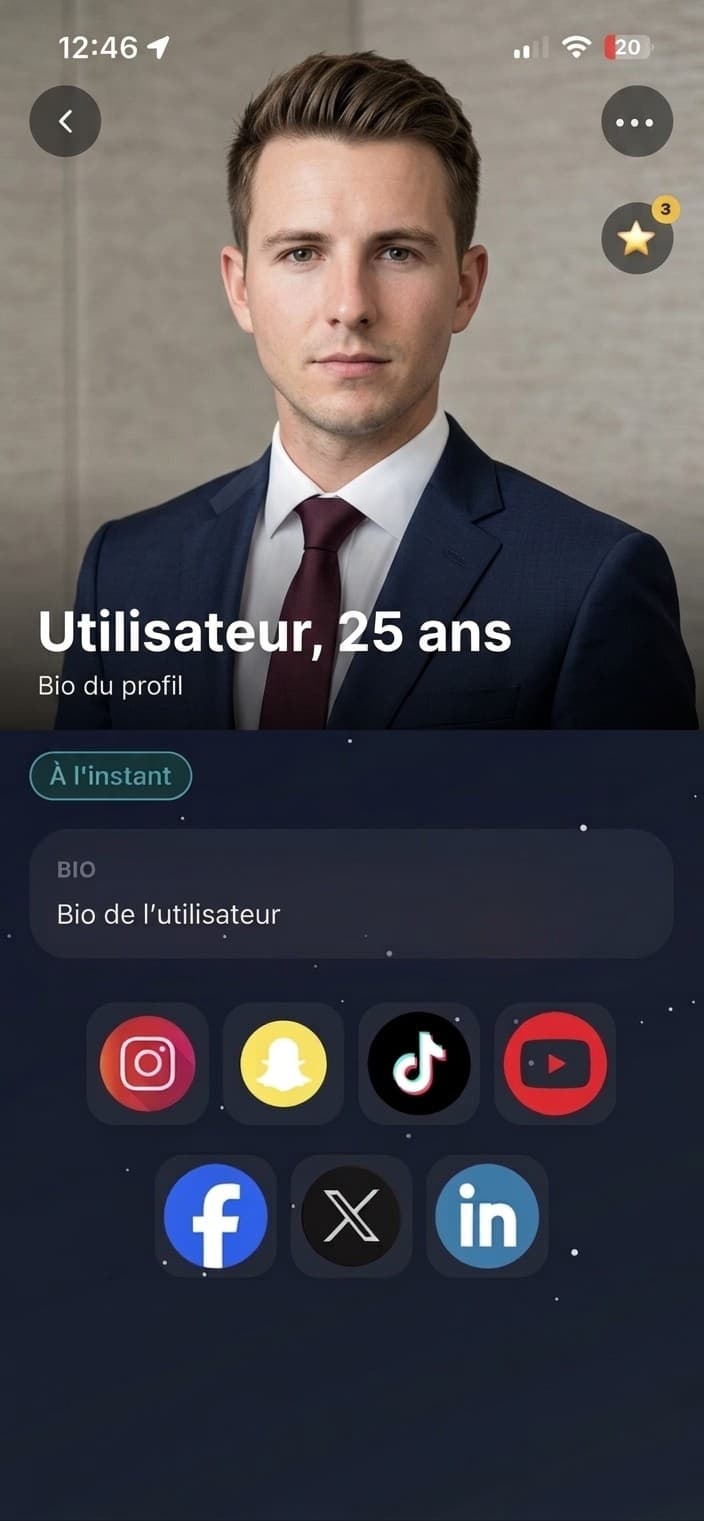 Profil d'un utilisateur dans l'app LoocateMe avec sa bio et ses réseaux sociaux connectés